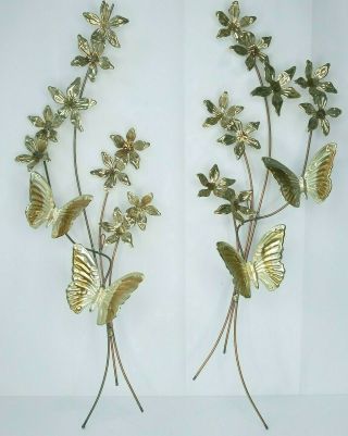 Vintage Retro Set Of 2 Brass Butterflies Flowers On Branches Wall Decor Mcm