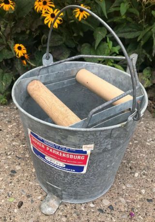 Vintage Galvanized Mop Bucket Dover Parkersburg Nos Wood Rollers
