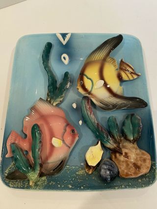 Vintage Norcrest Fish Plaque Chalkware Fine China 8x7 Japan Angel Fish