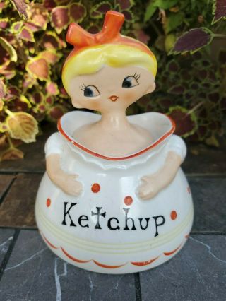 Holt Howard ? Pixieware Girl Jolly Pixie Jar W/ Spoon Ketchup 1950s Vintage Cute