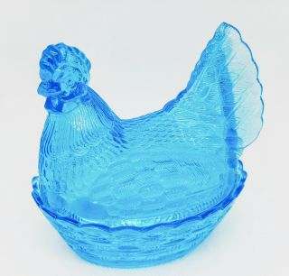 Vintage Aqua Blue Glass Nesting Chicken Hen On Basket Salt Celler,  Candy Dish
