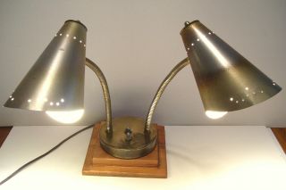 Mid Century Double Gooseneck Desk Lamp Danish Modern Wooden Base Brass Tone Cone