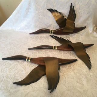 3 Vtg Flying Geese Wood W/brass Wings & Neck Bands Different Fly Positions 20 "