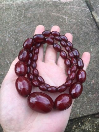 Good Vintage Phenolic Cherry Amber Bakelite Faturan Bead Necklace Marbled 64.  4g