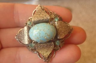 Vintage Turquoise Brooch With Blue Rhinestones And Safety Chain