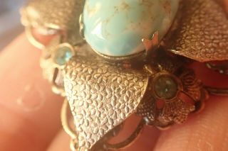 Vintage Turquoise Brooch With Blue rhinestones and safety chain 2
