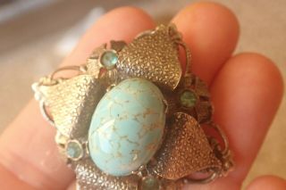Vintage Turquoise Brooch With Blue rhinestones and safety chain 3