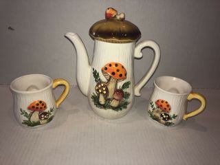 Sears Merry Mushroom Ceramic Tall Coffee Tea Pot Two Cups Mugs 1970 