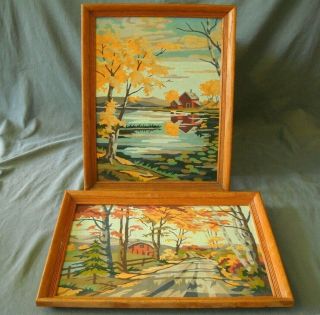 Vintage Paint By Number Autumn Farm Barn Country Scenes Framed Mid Cent Lake