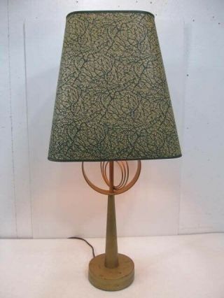 1950s Mid Century Modern Gold Metal Table Lamp Atomic Retro W/ Green Paper Shade