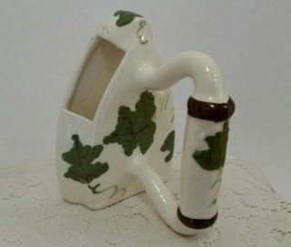Vintage Iron Shaped Ceramic Wall Pocket Hanging Planter White With Green Ivy