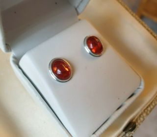 Vintage Art Deco Jewellery Real Amber Cabochon Sterling Silver Oval Earrings