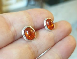 VINTAGE ART DECO JEWELLERY REAL AMBER CABOCHON STERLING SILVER OVAL EARRINGS 2