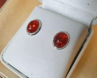 VINTAGE ART DECO JEWELLERY REAL AMBER CABOCHON STERLING SILVER OVAL EARRINGS 3