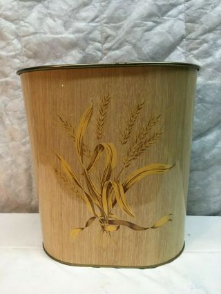 Vintage Mid Century Harvell Metal Trash Can Gold Wheat Inside