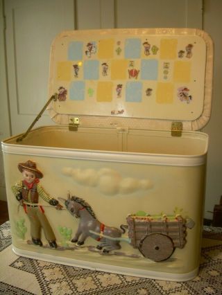 Vtg Pearl Wick Gay Time Toy Chest Hamper 3d Cowboy & Donkey Quilted Seat 1950 