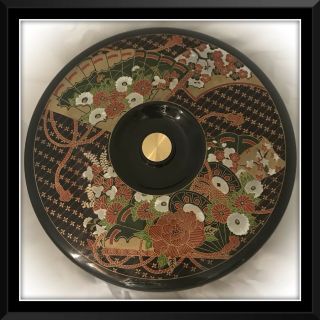 Vtg Black Lacquerware Divided Tray Lazy Susan W/ Lid Hand Painted Asian Design