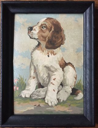 Adorable Vintage Puppy Dog Paint By Number Painting,  Framed 11.  5 X 15.  75,  1967