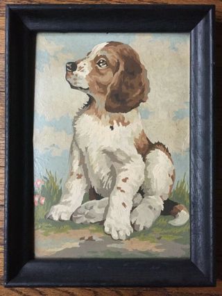 Adorable Vintage Puppy Dog Paint By Number Painting,  Framed 11.  5 x 15.  75,  1967 2