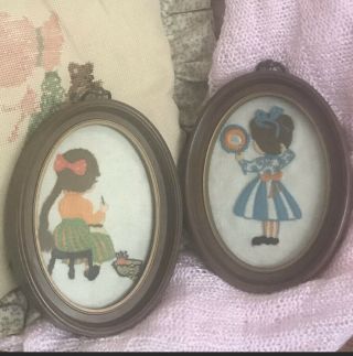 Two Framed Vintage Needlepoint Pictures Young Girls Matching Frames