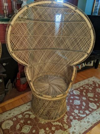 One Vintage Wicker Peacock Rattan Chair Boho 60 " Large Fan Back