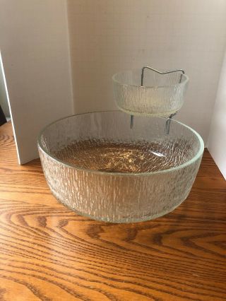 Mid - Century Icicle Clear Glass Chip And Dip Set With Metal Bracket
