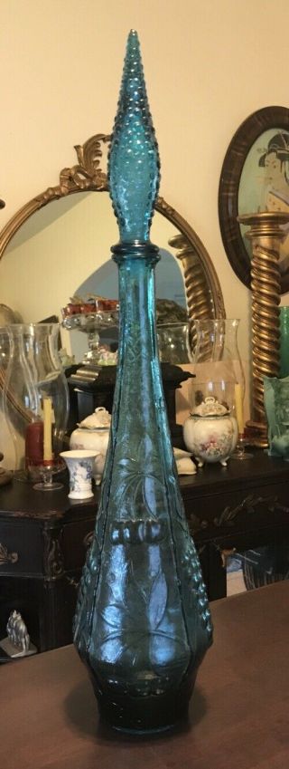 Vintage Mcm Genie Bottle Decanter Teal Blue Art Glass 22”
