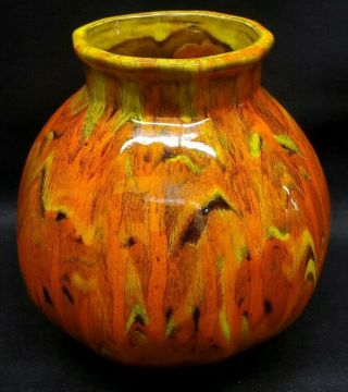 Mid Century Orange Drip Glaze Pottery Vase 10 Sided