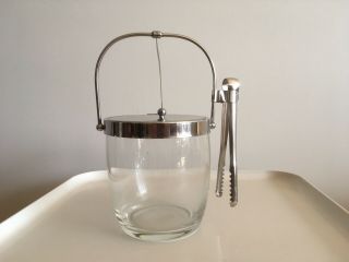 Vintage Mid Century Sasaki Glass Hinged Stainless Ice Bucket & Tong Set Japan
