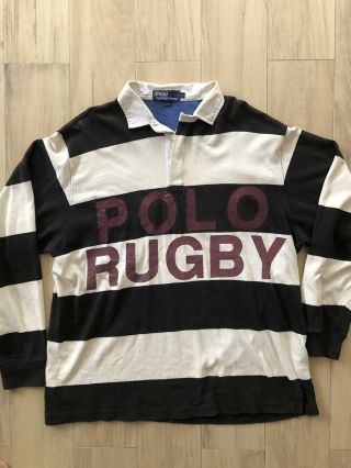Vintage Ralph Lauren Black/off White Polo Rugby 26 Spell Faded Out Szl