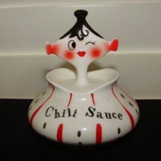 Vintage Holt Howard Chili Sauce Jar And Spoon With Girl Head Pixie Pixieware