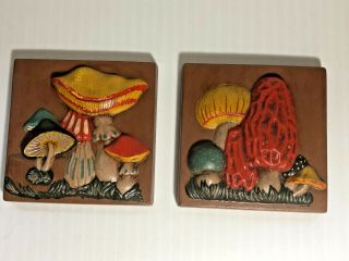 Vtg 1970s Folk Art Hanging Merry Mushrooms Ceramic Painted Wall Plaques