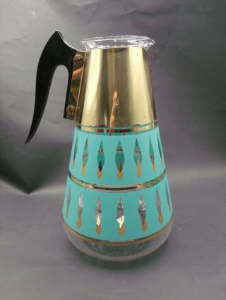 Vintage Mid Century Modern Retro Corning Glass Carafe Coffee Pot Turquoise Gold