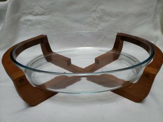Vtg Mid Century Modern Dolphin Glass Bowl Teakwood Wood Cradle Rack Serving Dish
