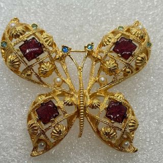 Signed Avon Vintage Butterfly Brooch Pin Rhinestone Enamel Faux Pearl Jewelry