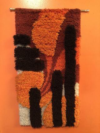 Mid Century 70’s Latch Hook Rug Wall Hanging Orange Trees Abstract Retro Funky