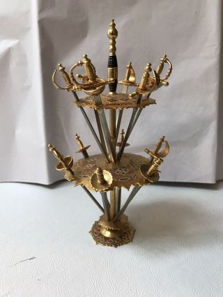 Vintage Brass Toledo Spain Swords With Caddy Stand 12 Appetizer Cocktail Picks