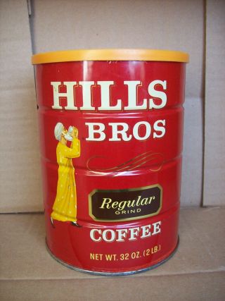Vintage Hills Bros 2 Lb.  Empty Regular Grind Coffee Tin Can With Plastic Lid