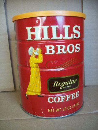 VINTAGE HILLS BROS 2 LB.  EMPTY REGULAR GRIND COFFEE TIN CAN with Plastic Lid 3