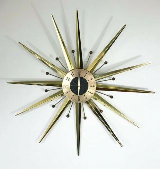 30” Large Seth Thomas Mid Century Modern Brass Atomic Starburst Mcm Wall Clock