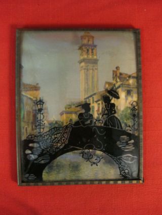 Vintage Reversed Painted Silhouettes Curved Glass Venice Girls On Bridge