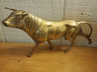 Vintage Mid Century Large Brass Bull Statue 14 " X 7 " Figurine Bull