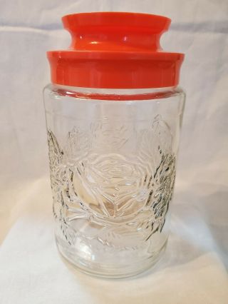 Vintage Anchor Hocking Roses Glass Jar 1 Quart Orange Lid Tang Sanka Mcm
