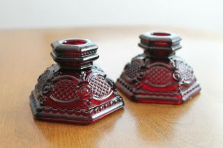 Vintage Avon Cape Cod Ruby Red Glass Small Short Candlestick Holders Pair Set 2
