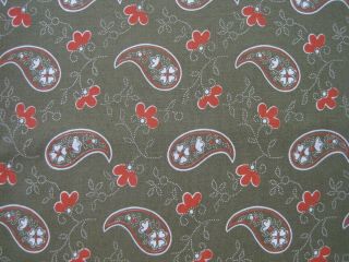 Vintage Cotton Fabric,  Olive With Red And White Print Design,  2 1/2 Yards