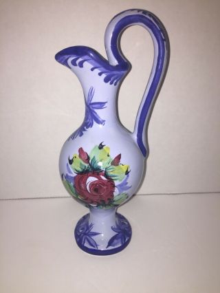 Vintage Blue Floral Pottery Pitcher Vase Hand Painted 855 Vestal Portugal
