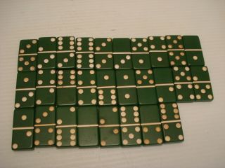 Vintage Green Bakelite Dominoes,  Full Set Of 28 White Dots No Box