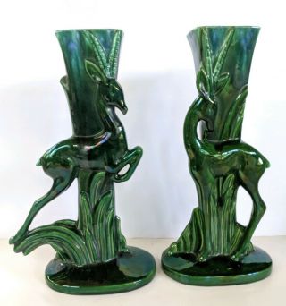 Pair Vintage Mid Century Modern Mcm 15 " Royal Haeger? Green Gazelle Deer Vases