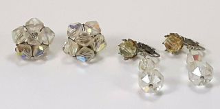 2 Pair Vintage Aurora Borealis Glass Clip On Earrings Cluster & Dangle Drop
