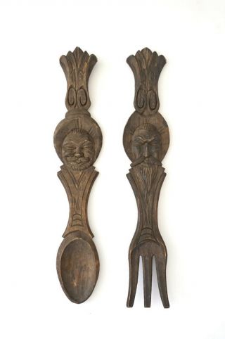 Hand Carved Tiki Mid Century Vintage Spoon And Fork Wall Decor 23”